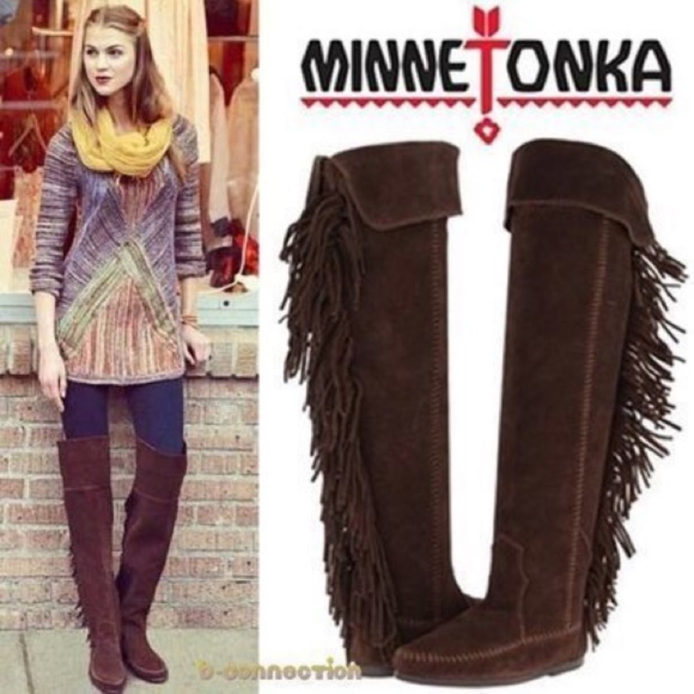 NWOT Minnetonka Suede Tall Brown Fringe Moccasin Boots